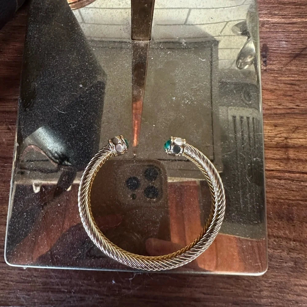 Gold Twisted Bracelet with green stone